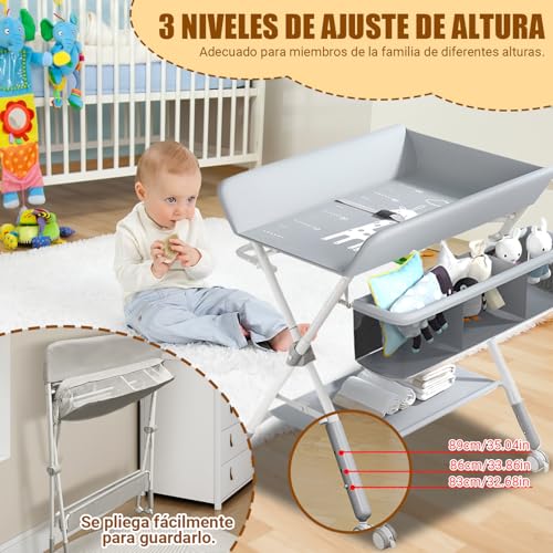 Cambiador para Bebe, Gris Multifuncional con Altura Ajustable, Mueble Cambiador para Bebe, Plegable con Ruedas, Cómoda Cambiador para Bebe, 3 Alturas Ajustables, con Barra Secar Ropa, Canasta Almacenamiento, Ruedas silenciosas universales