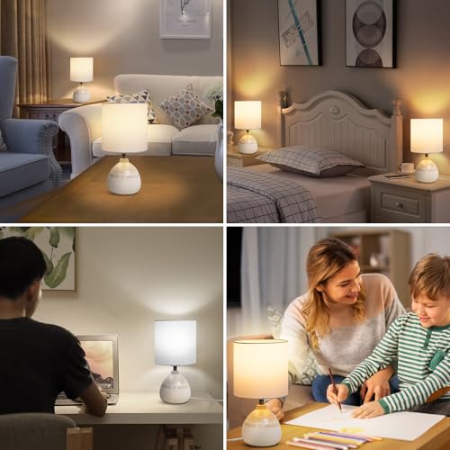 Modern Ceramic Table Lamps Set of 2, Bedside Nightstand Lamps with White Shade, 3 Color Temperatures, LED Bulbs Included, Elegant Lighting for Bedroom Living Room Office