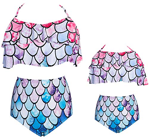 Kids4ever Mermaid Fish Scale Mother Daughter Matching Bikini Set Flounce High Waisted Mommy and Me Bikini Set