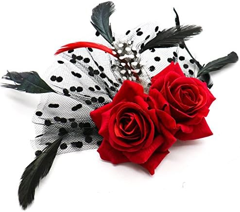 RTNOW Bridal Fascinator Red Rose Flower Dots Hair Clips Headwear Wedding Supplies Feather Headpiece Flower Hairband Headband