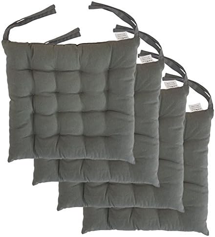 Cottone 100% Cotton Chair Pads w/ Ties (Set of 4) | 16” x 16” Square | Extra-Comfortable &amp; Soft Seat Cushions | Ergonomic Pillows for Rocking, Dining, Patio, Camping, Kitchen Chairs &amp; More (Grey)