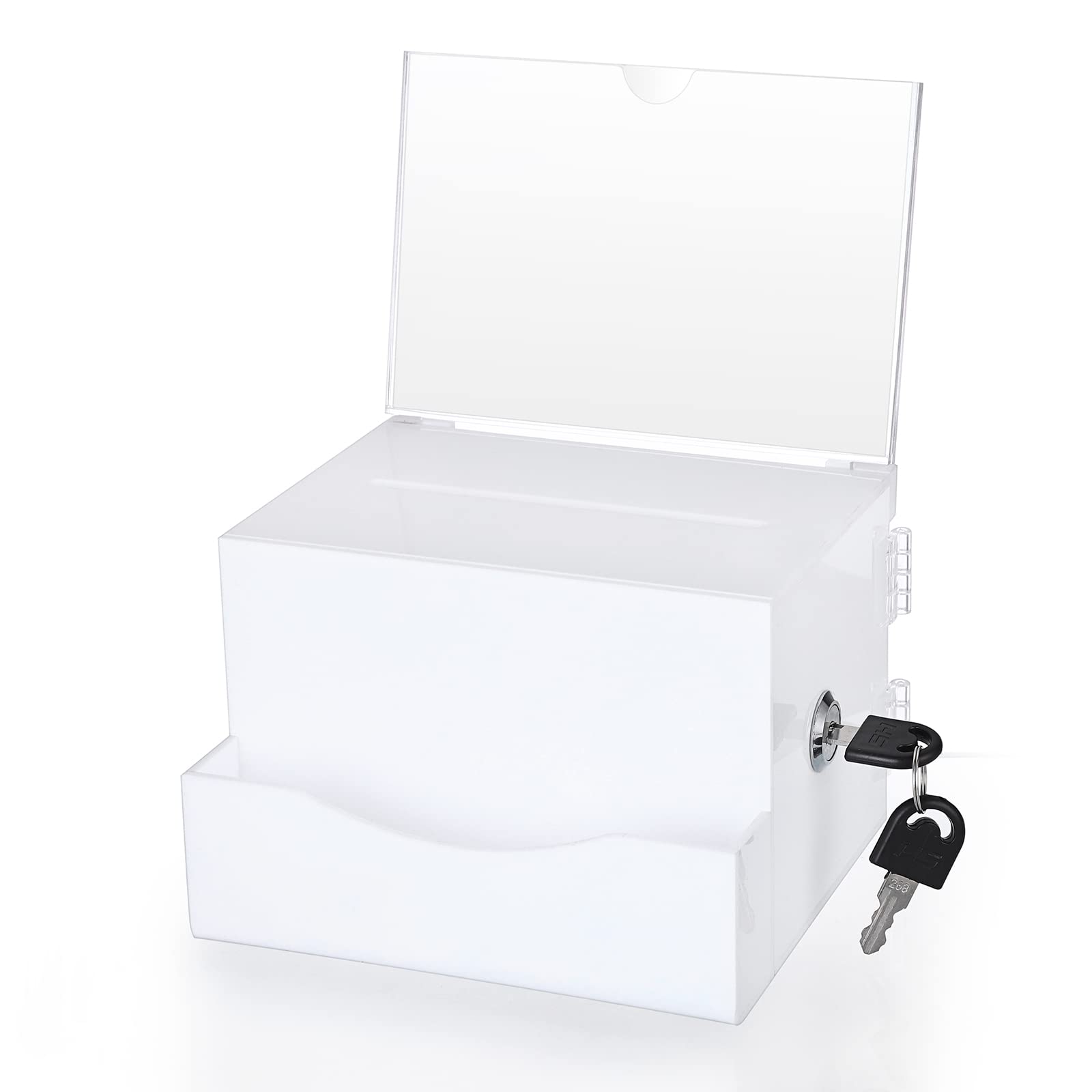 SUMTree Acrylic Suggestion Business Card Box, Ballot Box with Lock, Donation Box with Sign Holder, Suggestion Box Storage Container for Voting, Secure and Safe Ticket Box, 4 * 6 inch, White