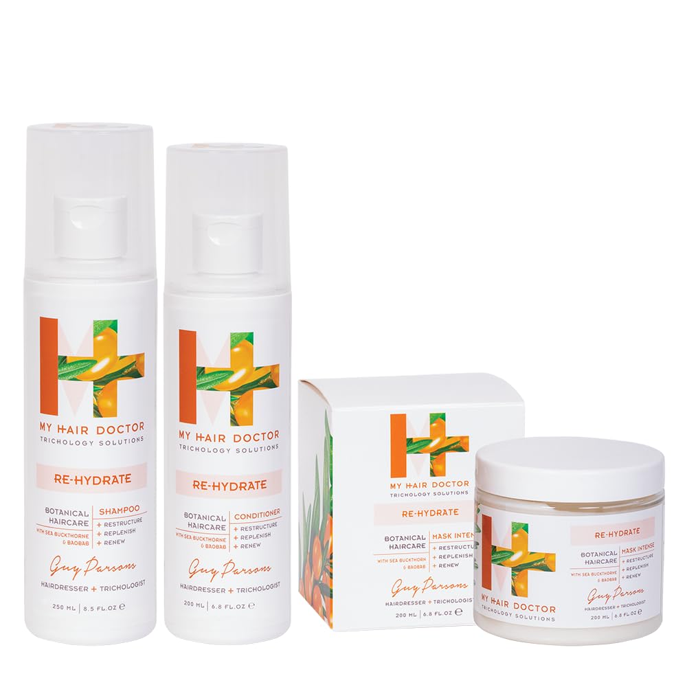 MHD Re-Hydrate Shampoo (250ml), Conditioner (200ml) & Hair Mask (200ml) Hydrating Trio Argan Oil Enriched Haircare Trio Set