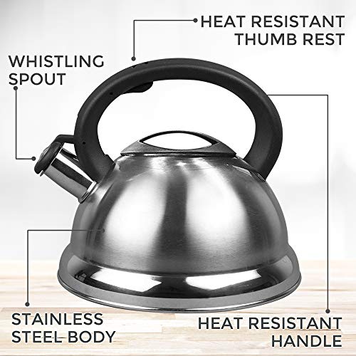 WHISTLING STAINLESS STEEL TEA KETTLE WITH SOFT GRIP HANDLE BY AMERICAN DREAM- STOVETOP POT (3.2 QT, Stainless Steel)