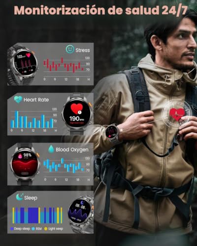 Reloj Inteligente Hombre con 1000mAh Batería y Linterna, 1.91" AMOLED, 5ATM Impermeable Smartwatch Militar con Llamadas, 113 Modes Sportifs, 24/7 Pulsómetro/Oxímetro/Sueño/Podomètre/Android iOS