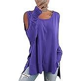 Hongqizo Women's Cold Shoulder Long Sleeve Sweatshirt Casual Crew Neck Side Split Loose Pullover Tops Blouses