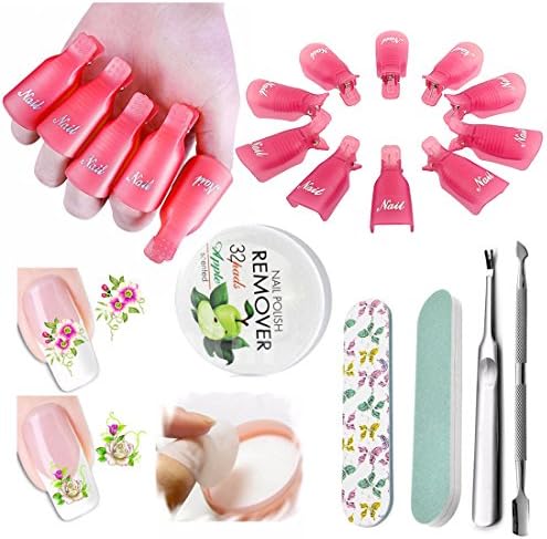 Nails Cleaning Set UV Gel Polish Remover Soak Off Clips Cap With Fruit Pads, Manicure Fork Cuticle Pusher Sanding File Buffing Tools, Nail Art Sticker Decal
