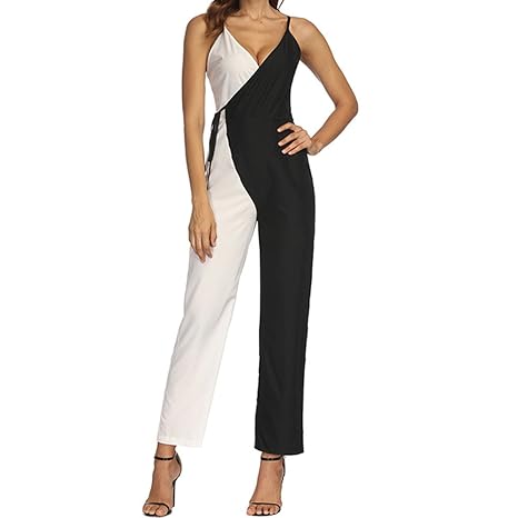 DressLksnf Frauen Farbblock Sleeveless Overall Lässige Clubwear Breites Bein Hosen Overall Mit Schwarz und Weiß Jumpsuit Dame