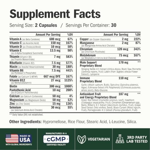 Vimerson Health Multivitamin for Men: Methylated B Vitamins, Chelated Minerals and Bioavailable D3 for Focus and Energy Support – Daily Mens Multivitamins and Multiminerals – 60 Capsules
