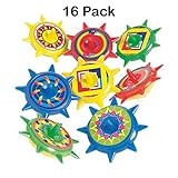 Kidsco Plastic Star Spinning Tops 1.5 Inches - Pack of 16 - Assorted Colors and Designs - Spin Tops for Kids, Great Party Favors, Bag Stuffers, Fun, Toy, Gift, Prize
