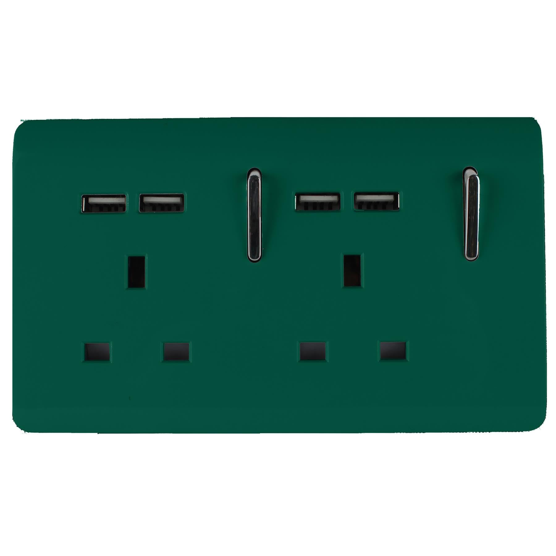Trendi 2 Gang Artistic Modern Glossy Screwless Raised 13 Amp 240v Short 4 USB Type A Charging Points Double Chrome Switched Electrical Wall Plug Socket Dark Forest Green - ART-SKT213USBDG