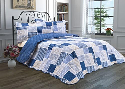 3 Piece Quilt Set with Shams Reversible Bedspread Matelasse Bedcover Double-Sided Bedding Coverlet Lightweight Comforter Oversized Linen Looking Luxurious Bed Cover (Patchwork-King)