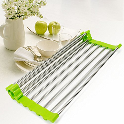 Rollable Dish Drying Rack, Holoras 2Pcs Foldable Stainless Steel Over the Sink Dryer Multipurpose Kitchen Drainer Drying Mat for Fruits Vegetables