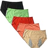 Women's Menstrual Period Soft Cotton Leak Proof Brief 5 Pack US Size XL/8, Black,Beige,Green,Red,Orange