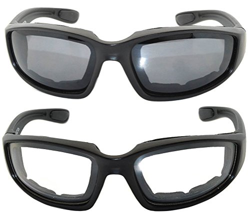2 Pairs Black Motorcycle Padded Foam Glasses Smoke Lens & Clear Lens OWL