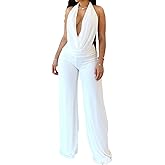 XYZDRESSOR Sexy Two Piece Club Outfits for Women Sheer Mesh Halter Deep V Neck Backless Top Wide Leg Long Pants Party Sets