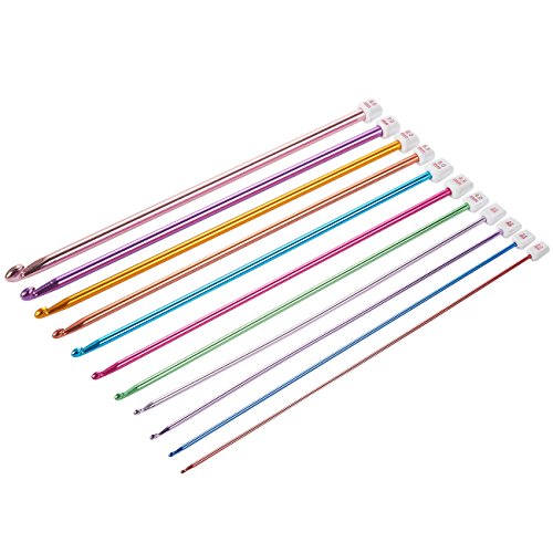 Crochet Hook Set – 11 Piece Ergonomic Crochet Hooks with Aluminum Handles for Craft Projects, Clothing Repair, Handmade Textiles, Multicolored, Assorted Sizes, 10.6 Inches in Length