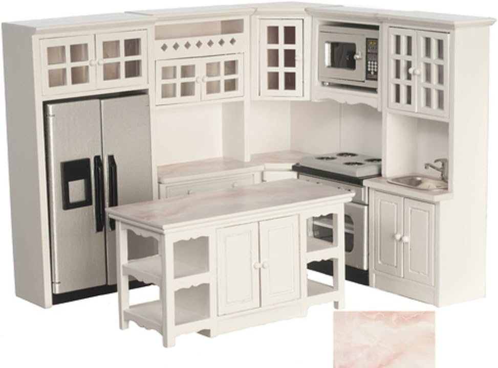 Melody Jane Dolls HousesDollhouse Modern Fitted Kitchen Furniture Set Pink Marble Effect Worktops 8pc