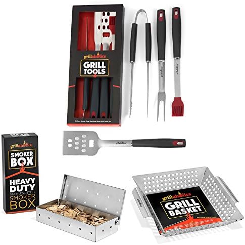 Grillaholics Advanced Grilling Bundle - Includes Premium 4-Piece Set of Grill Tools, Stainless Steel Smoker Box, and Heavy Duty Grill Basket - Perfect Grilling Accessories Package