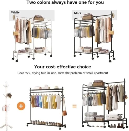 Clothes Hanger Stand with Shelves, Garment Rack, Free Standing Metal Clothing Hanging Rack, Single Rail, Wardrobe Top&Bottom Storage Shelf, Shoes Handbags Baskets, Bedroom Garment Organizer (A-Black)