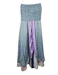 Mogul Womens Beach Sundress Smocked Bodice Strapless Silk Sari Maxi Skirt Dress