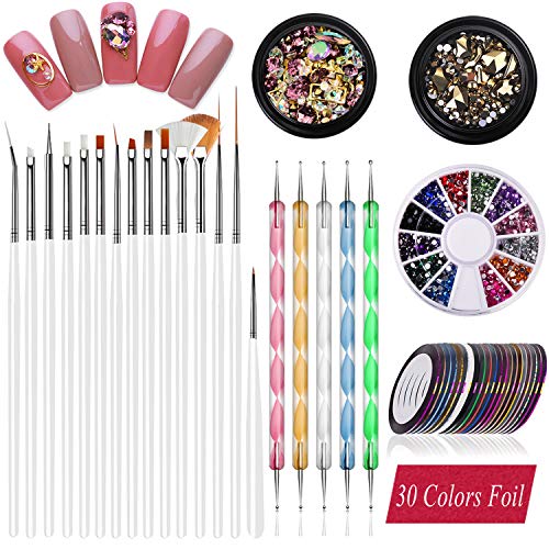Nail Art supplies, JOYJULY 30 Striping tape & 15pcs nail art Brushes Set & 5pcs Dotting Pen & 3pcs 3D nail art Rhinestones Nail Art Kit tools accessories Decoration Diamond foil - Thumbnail 7