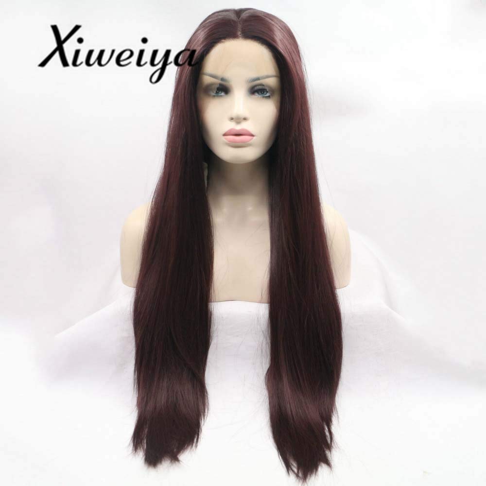 Xiweiya 99J Synthetic Brown Red Lace Front Straight Wigs Long Hair Wig For Women Hair Heat Resistant Fiber Long Brown Wigs Middle Parting Long Sotf Lace Wig