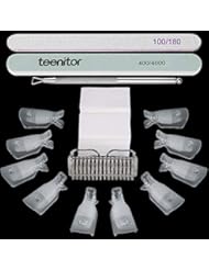 Teenitor gel nail remover kit with10pcs Gel Clip Remover, Brush for Nails, Nail Files 100/180, Buffer Block 400/4000, Stainless SteelCuticle Peeler and 115pcs Lint Free Cotton Pads Nail Wipe Clear