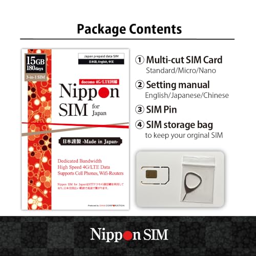 Japan SIM Card 180 Days Data Only | 15GB High-Speed 4G LTE + Unlimited Data at Reduced Speed | No Roaming Needed for Faster, Safer Access | Hotspot tethering Supported | Docomo Network | Made in Japan