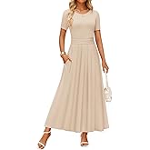 ZESICA Women's Summer Short Sleeve Maxi Dress 2026 Casual Crewneck Pleated A Line Flowy Long Dresses with Pockets