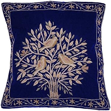 NovaHaat Navy Blue Velvet 100% Hand Embroidered Decorative Indian Toss Throw Accent Pillows Cushion COVER with Tree of Life in Gold Metallic Dabka work embroidery, from Uttar Pradesh in North India: S