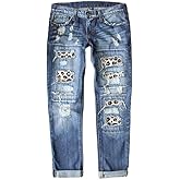 Ripped Boyfriend Jeans for Women Distressed Skinny Denim with Holes Plaid Patchwork Design Stretch Comfort Pants