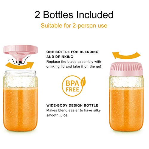 Mini Mélangeur Portable USB Rechargeable avec 2 Bouteilles Tritan Sans BPA, Mélangeur Personnel pour Smoothies et Milk Shakes, Petit Mélangeur de Jus pour le Bureau et les Voyages par Sboly (Rose)