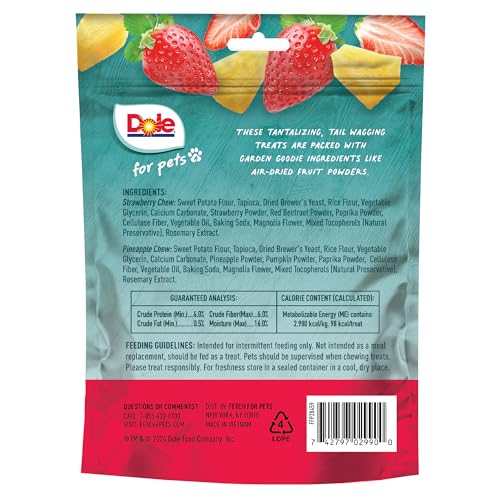 DOLE FOR PETS DOG CHEWS, ASSORTED STRAWBERRY + PINEAPPLE FRUIT-FLAVORED TREATS, REAL FRUIT FLAVOR, NO ARTIFICIAL COLORS FLAVORS OR PRESERVATIVES, NO WHEAT CORN SOY, 7.05 OZ BAG
