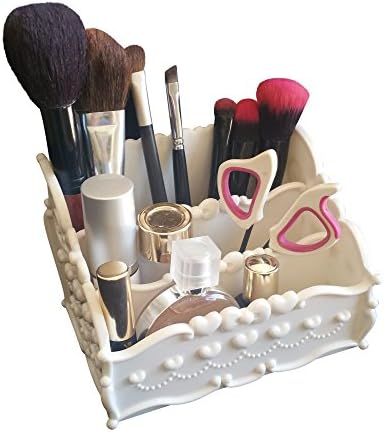 Decorative Makeup organizer , Acrylic Cosmetic Display Box , Brush holder , Bathroom Vanity Container with Adjustable Dividers (White-W/Divider)