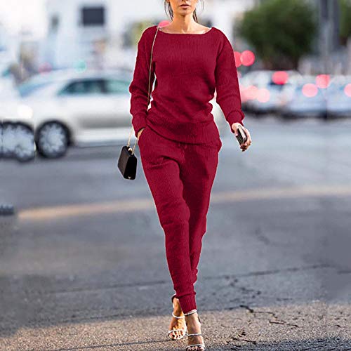 Dreamyth-Winter 2Pcs Women Solid Tracksuit Sweatshirt Regular Sleeve Long Pants Sport Lounge Wear Suit Sets (Wine Red, S:Bust:98cm/38.6'') - Thumbnail 3
