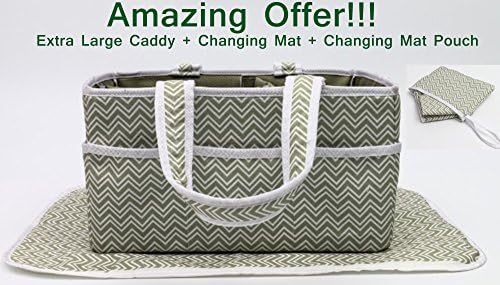 MyTickles CLEARANCE Khaki Chevron LARGE Diaper Caddy Organizer With A Free Changing Mat And A Pouch. A Perfect Present/Great Baby Shower Gift!