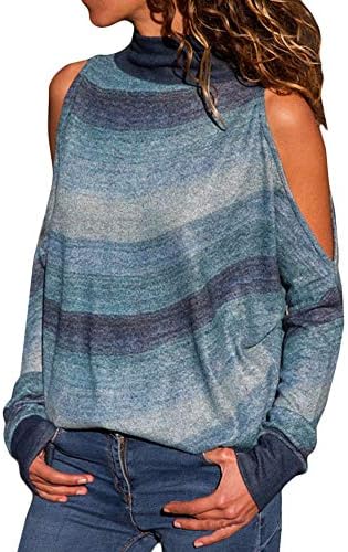 Orangeskycn Women Fashion Turtleneck Cold Shoulder Geometric Floral Print Jumper Top