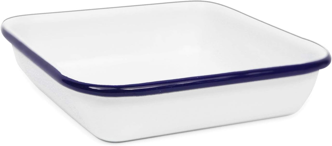 Crow Canyon Home Enamelware Small Square Dish, 8 Ounce, Vintage White/Blue