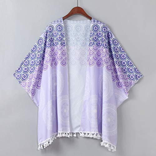 HTDBKDBK Kimono Cardigan Boho Vintage Floral Print Loose Shawl 3/4 Sleeve Kimono Cardigan Chiffon Coat Jacket Blouse Purple