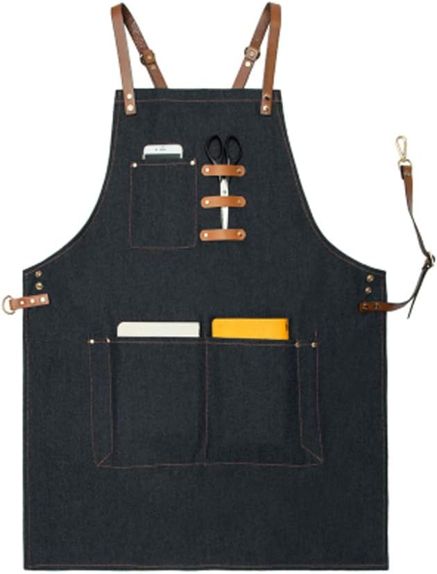 Adjustable Denim Jean Kitchen Apron with Pockets Multi-purpose for Barista, Kitchen, Cooking, Grill, Shop, Bartender, Artist, Stylist, Craft, BBQ, Chef Apron with Adjustable Cross Back Straps-Black