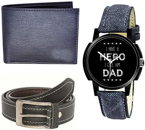 Xforia Latest Combo Pack of Black & Blue Men's RFID Blocking Leather Wallet, Belt & Watch - XF_WBW_130