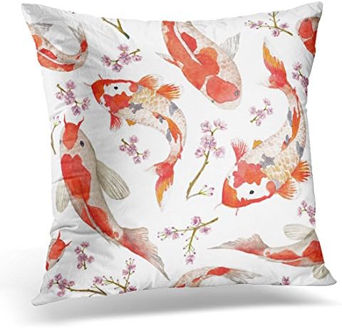 Emvency Throw Pillow Cover Red Fish Watercolor Oriental Pattern with Rainbow Carps Fishes and Blossom Cherry Asian Natural in Yellow Decorative Pillow Case Home Decor Square 18x18 Inches Pillowcase