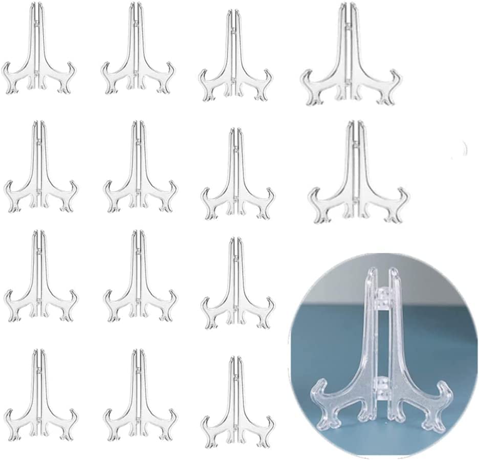 Naisfei 15 Pcs 4" Clear Acrylic Easels or Stand/Plate Holders to Display Pictures or Other Items at Weddings, Home Decoration, Birthdays, Tables