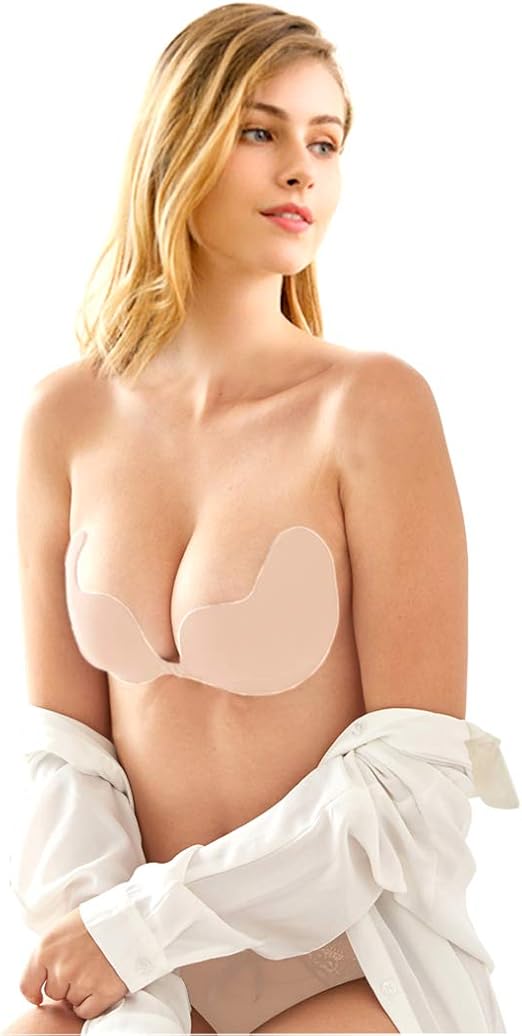 Galarry Adhesive Bra, Strapless Backless Push Up Self Adhesive Reusalbe Boobsm Bra (D Cup) Beige