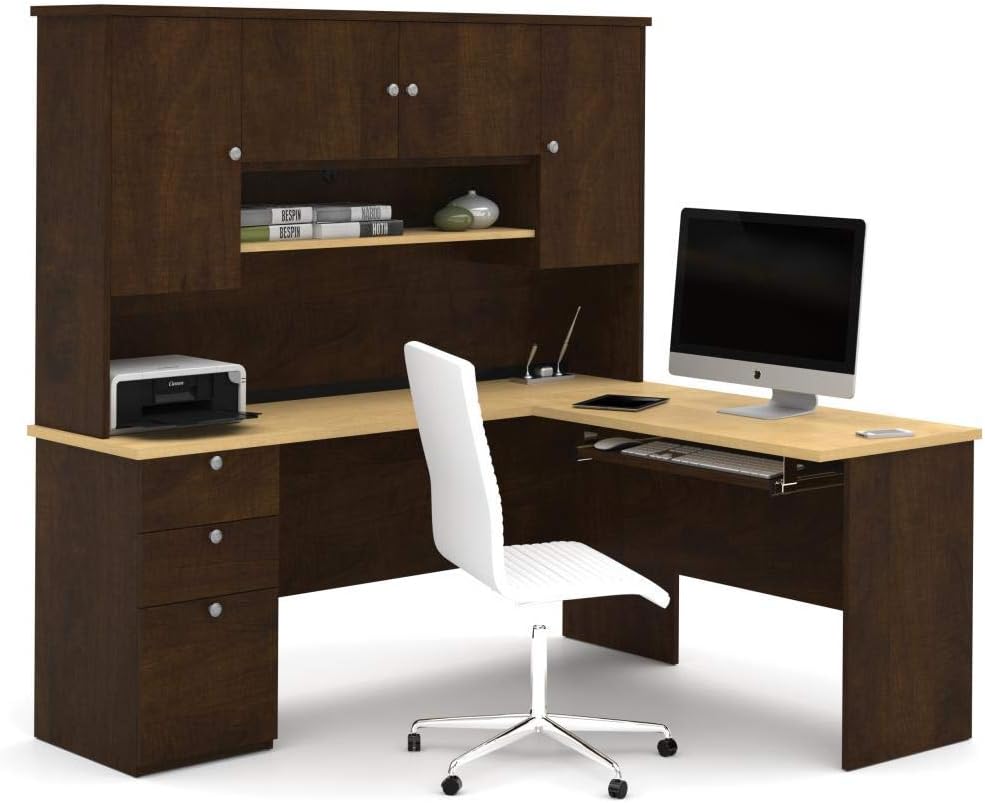 Bestar, Manhattan Collection, Modern L-Shaped Executive Computer Desk with Pedestal and Hutch