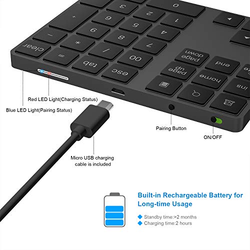 Cateck Bluetooth Numeric Keypad, Aluminum Wireless Bluetooth 34-Key Number pad with Multiple Shortcuts for Computer Laptop Windows Surface Pro Apple iMac MacBook iPad Android Tablet Smartphone- Black