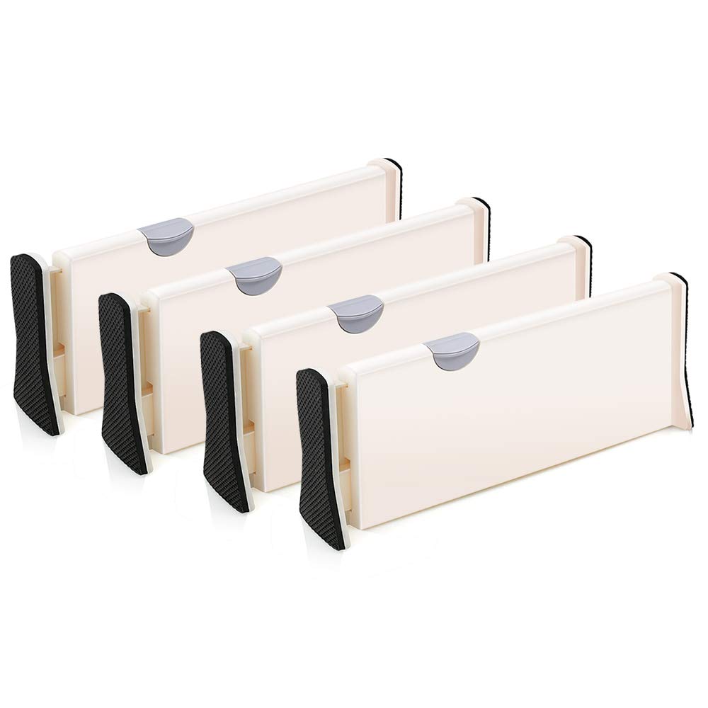Bossjoy 4-Pack Adjustable Drawer Dividers Organizer Separators - Good Grips Dresser Organizer - for Bedroom, Bathroom, Closet, Baby Drawer, Desk, Kitchen Storage