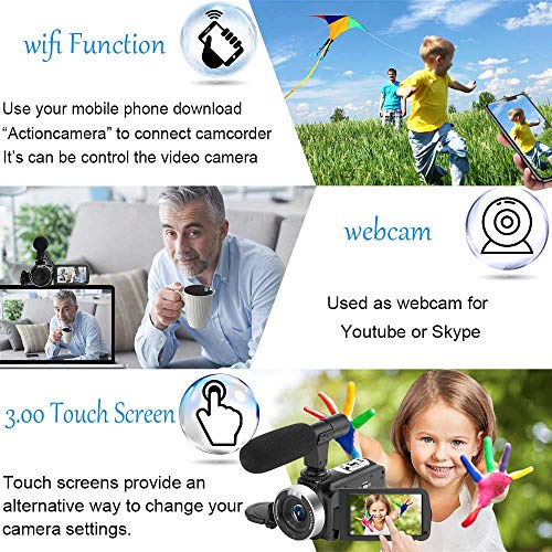 Camcorder 2.7K Video Camera,Vlogging Camera for YouTube WiFi Camcorder Ultra HD 24MP 30FPS 16X Digital Zoom 3.0 Inch Rotatable Touch Screen Support Pause Function & Time-Lapse