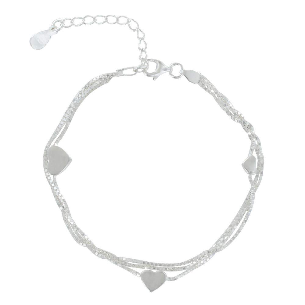 LES POULETTES BIJOUX - Sterling Silver 925 Bracelet Three Rows and Hearts - taille 20 cm